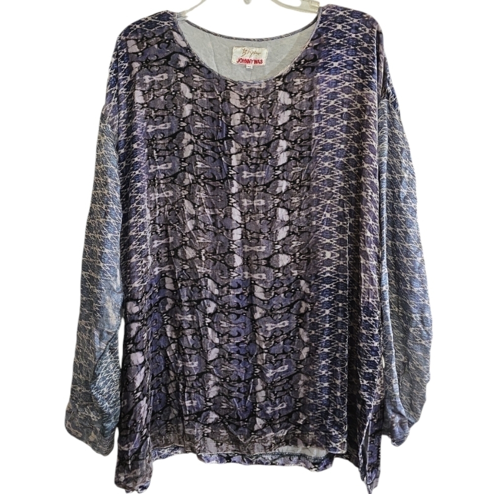 Biya Johnny Was Velvet Abstract Print Top Silk Sleeves Medium Blue Gray Oversize